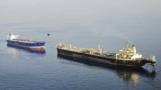 An Iranian FSU offloads oil to a waiting tanker (NITC)