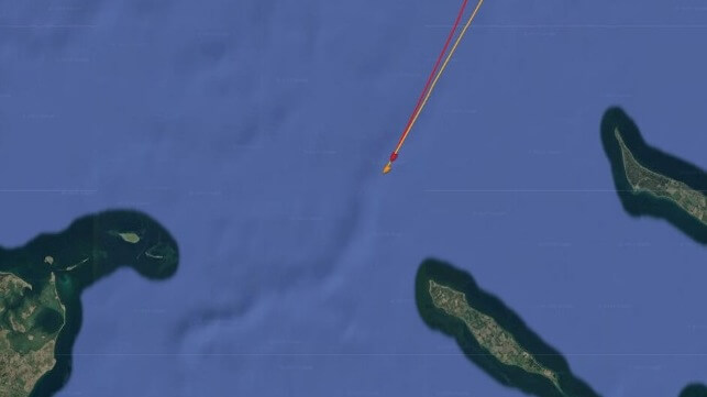 Maersk Gironde (red) and SFL Composer (orange) collide off Funen, August 5 (Pole Star / Google)